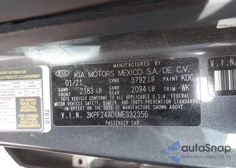 2021 Kia Forte Lxs z USA, uszkodzony, nr VIN 3KPF24AD6ME332356